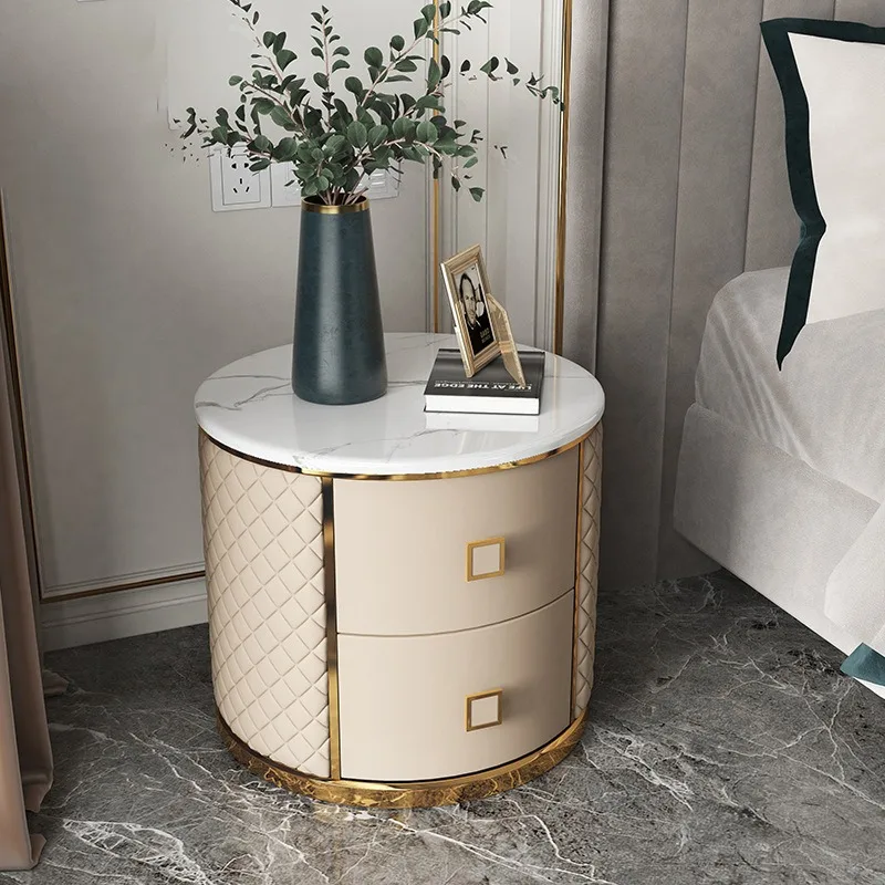Bedside table Round solid wood bedside marble Nordic bedroom Italian minimalist high-end side storage cabinet