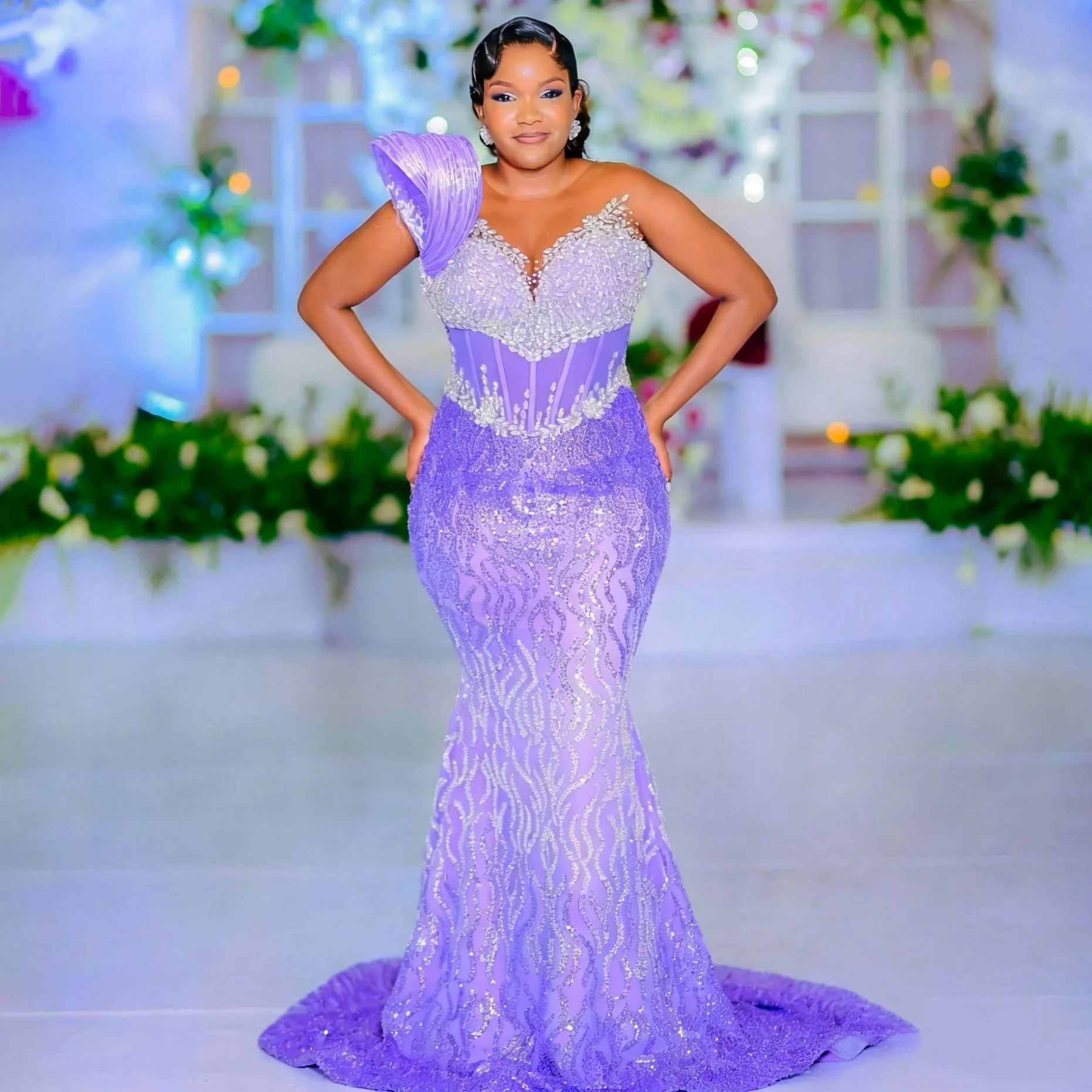 

Aso Ebi Lavender Mermaid Prom Dresses Sheer Neck Crystals Sequined Evening Formal Party Second Birthday Gowns Plus Size Dress