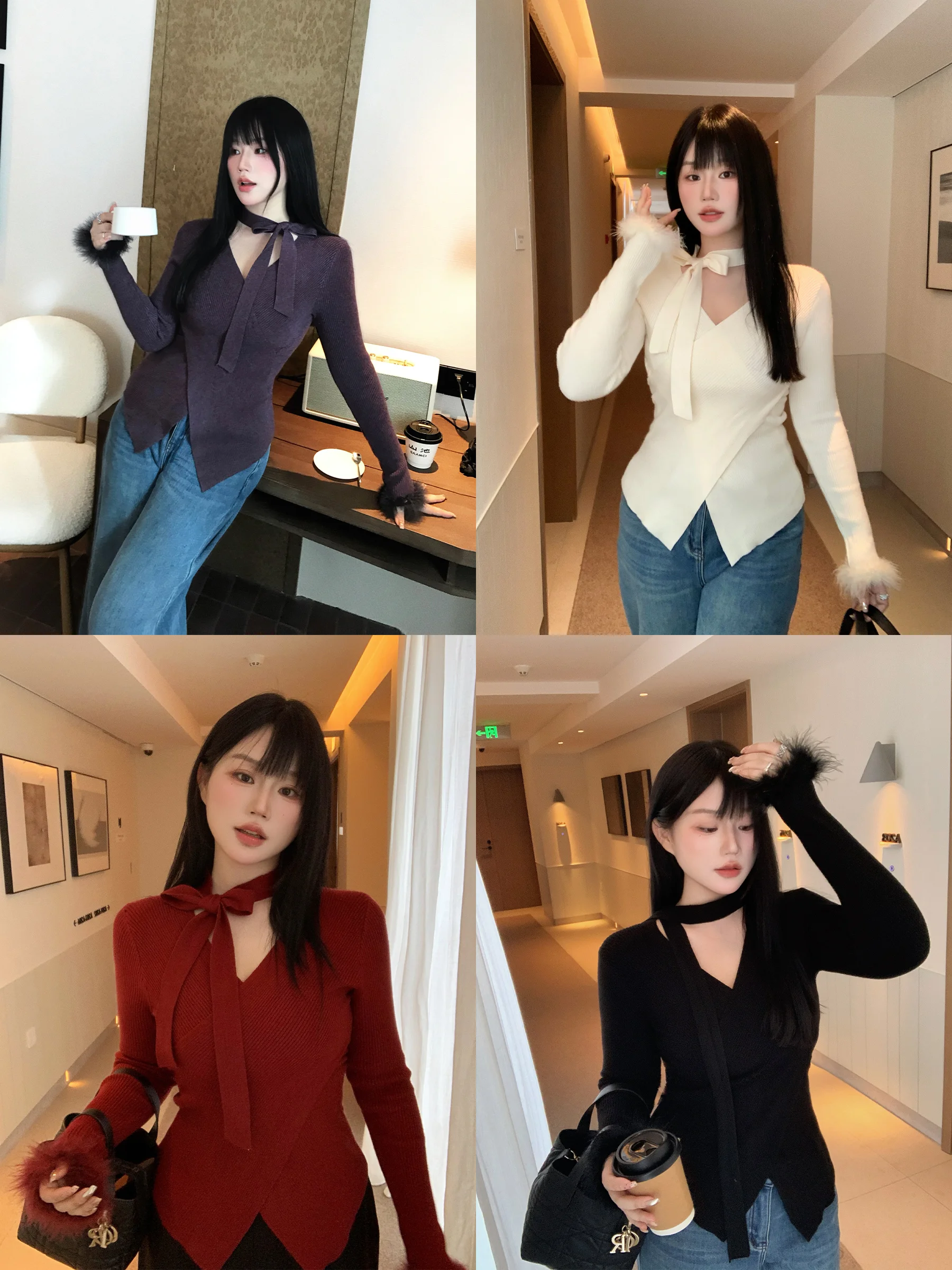 

Женский зимний вязаный свитер Ele с V-образным вырезом и длинными рукавами, базовый слой, разноцветный, премиум-класса, с эффектом Moon Fi