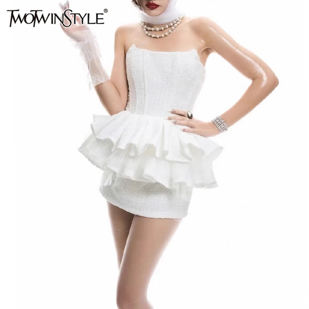 

TWOTWINSTYLE утягивающие комплекты из двух предметов для женщин, без бретелек, без рукавов, с оборками, складной жилет, мини-юбка с высокой талией, женский комплект