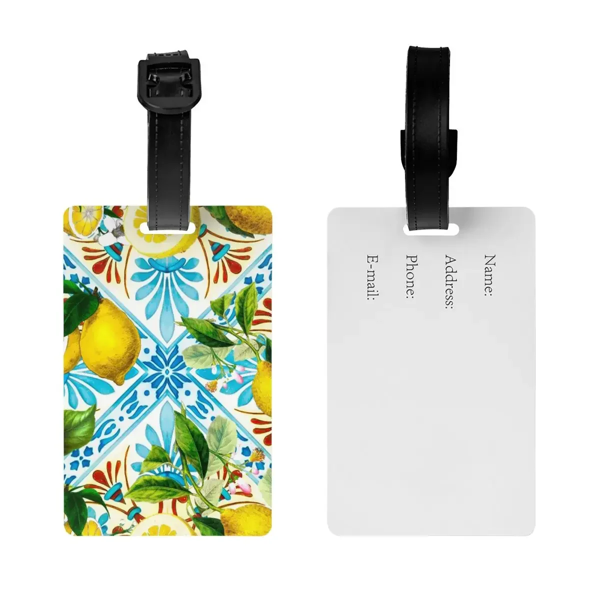 Custom Summer Fruit Lemons Mediterranean Tiles Luggage Tag With Name Card Privacy Cover ID Label for Travel Bag Suitcase