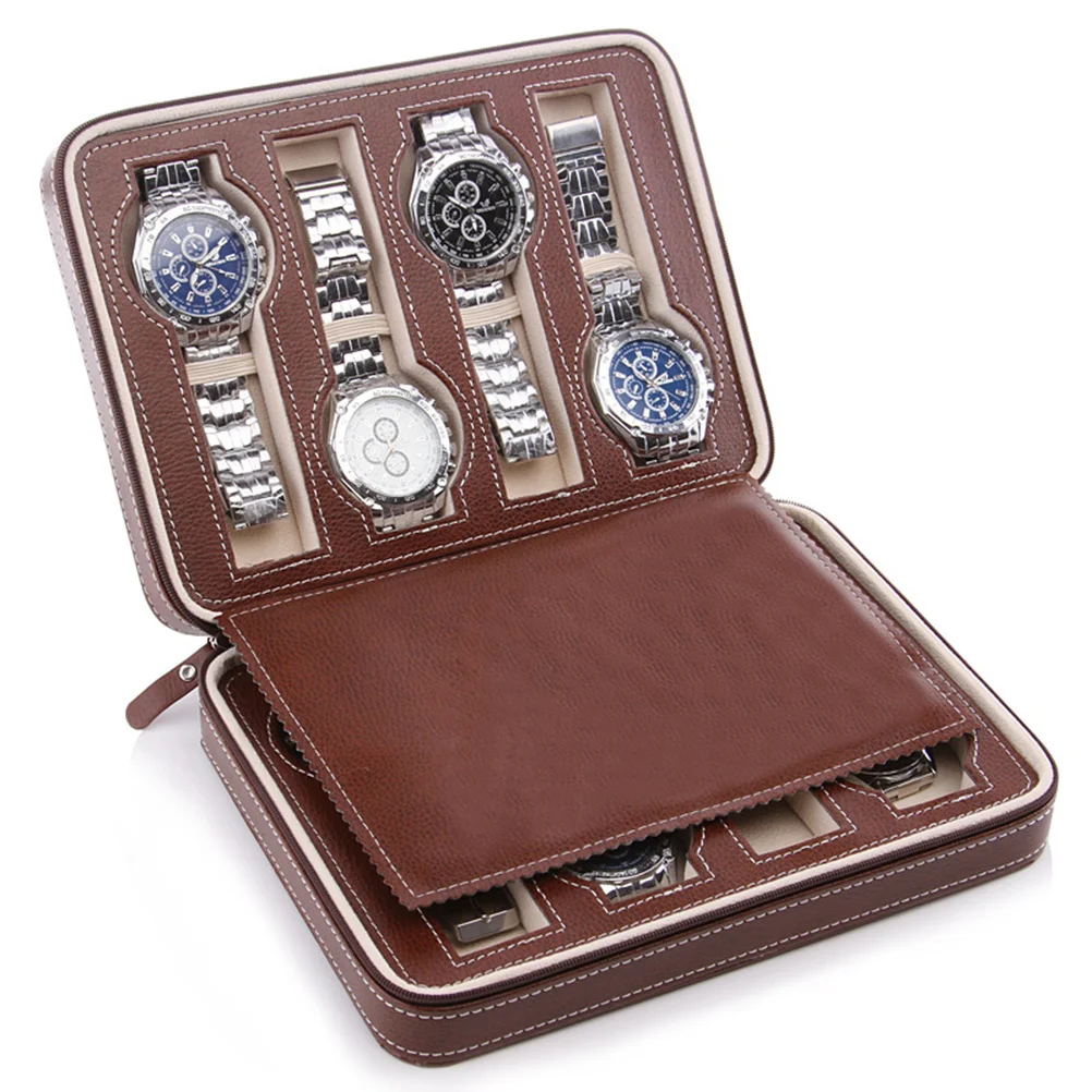 

8 Slots Watch Case Organizer Portable Zippered Travel Storage Carrying Bag Brown Padded Watch Storage Box Collection Holder