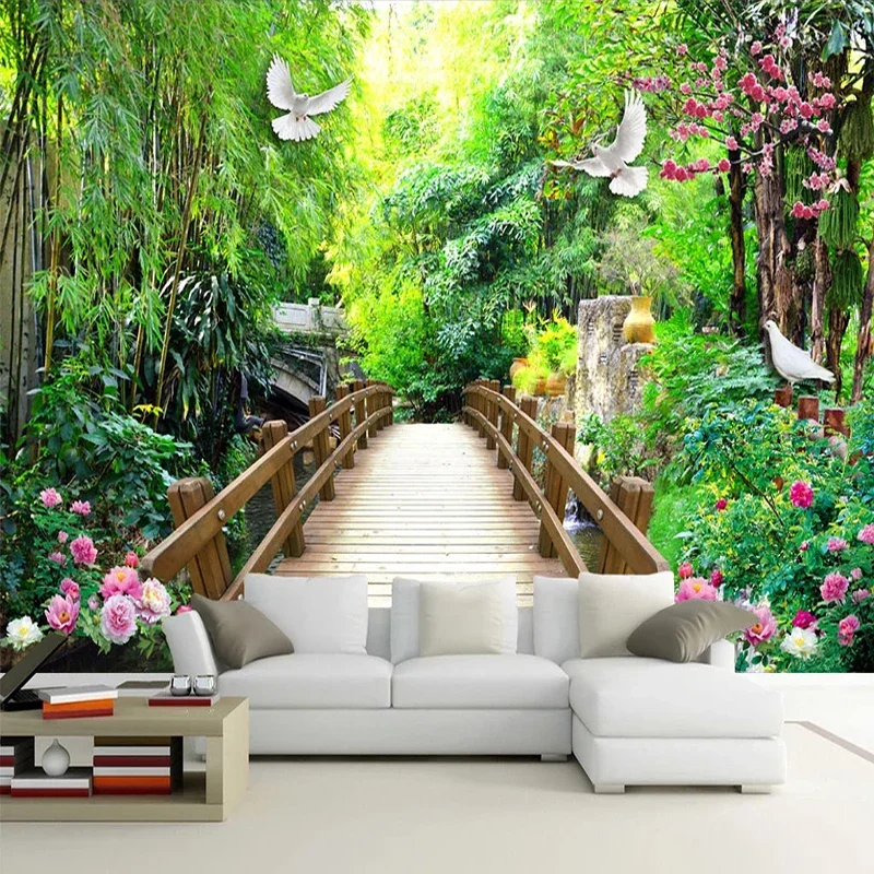 

Custom Mural Garden Park Wood Bridge Landscape 3D Photo Wall Painting Living Room TV Background Self-adhesive Papel De Parede 3D