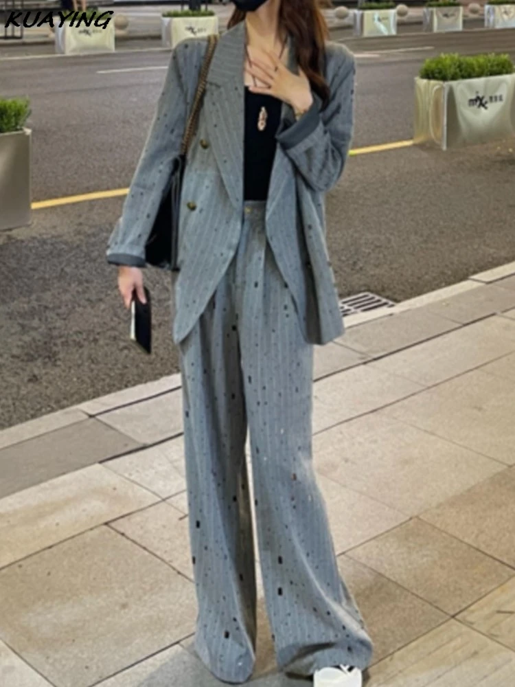 Autumn Women Blazer Pantsuits Fashion Vintage Wide Leg Pants 2 Piece Set Korean Female Business Casual Trousers Outfits New 2024