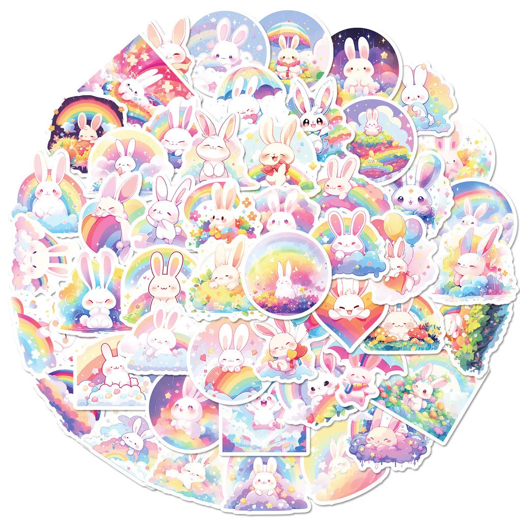 50 قطعة من ملصقات الكتابة على الجدران المقاومة للماء على شكل أرنب قوس قزح اللطيفة لخوذة الدراجة اليدوية مقلمة الشارات