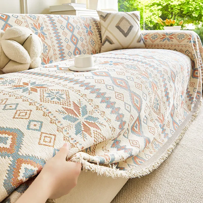 Bohemian Jacquard Cotton Linen Sofa Cover All-Season One-Piece Anti Scratch Sofa Towel Color Plaid Multifunctional Blanket