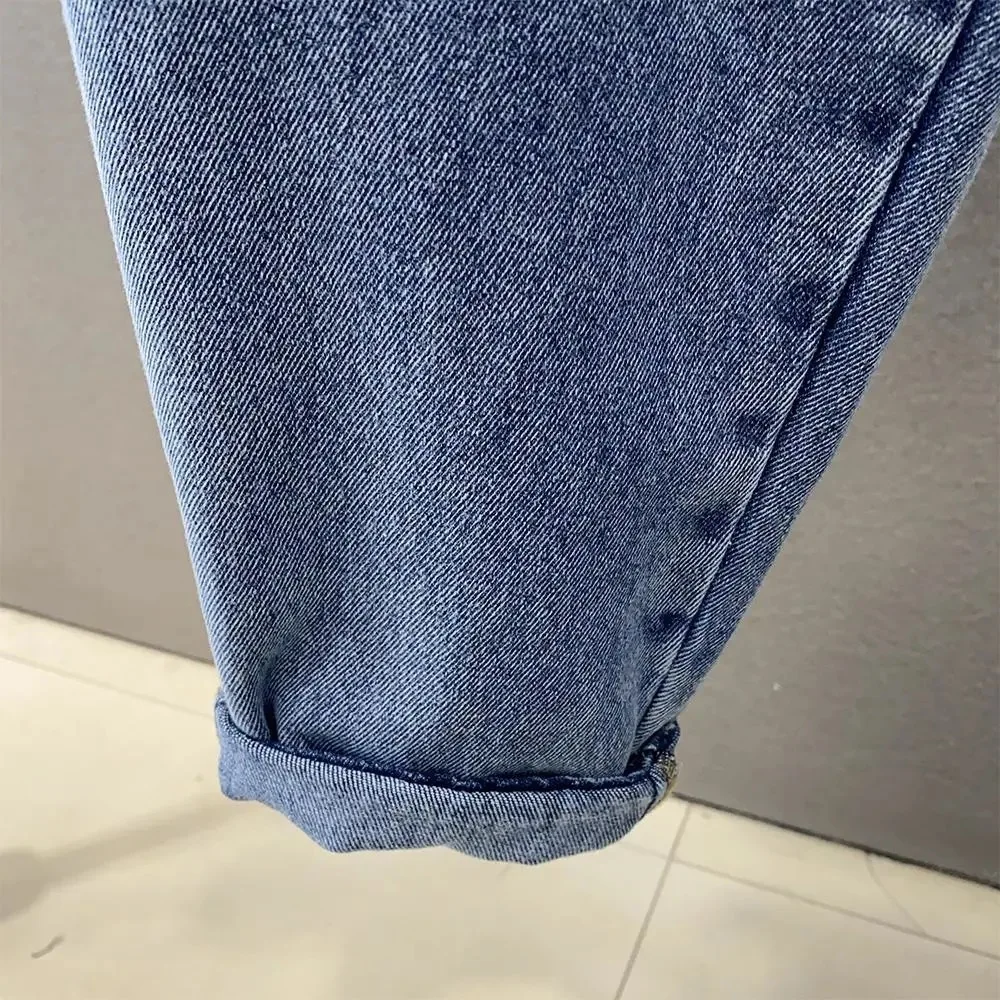 بنطال جينز فضفاض خفيف بخصر مطاطي 9 نقاط للرجال صيفي صغير القدم ملابس الشارع برباط هارلان من قماش الدنيم #4
