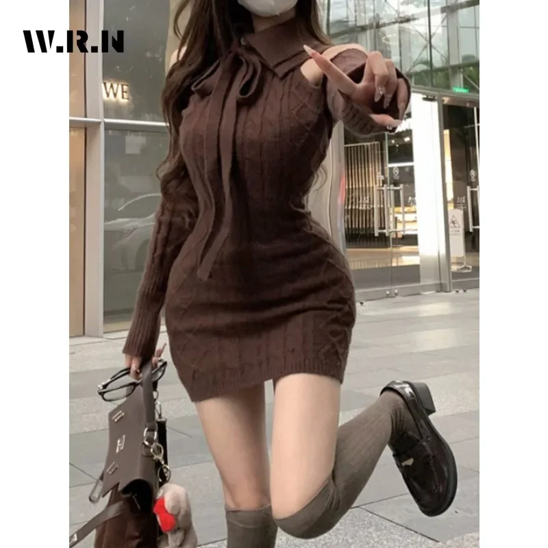 Women Sexy Long Sleeve Lace-up Solid Color Sheath Mini Dresses 2024 Winter Female High Street High Waist Slim Fit Knitting Dress