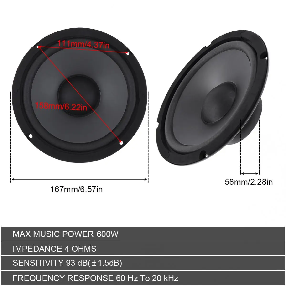 2pcs 6.5 Inch 600W Car Speaker 2-Way Full Range Frequency Audo Audio HiFi Coaxial Speakers Non Destructive Installation