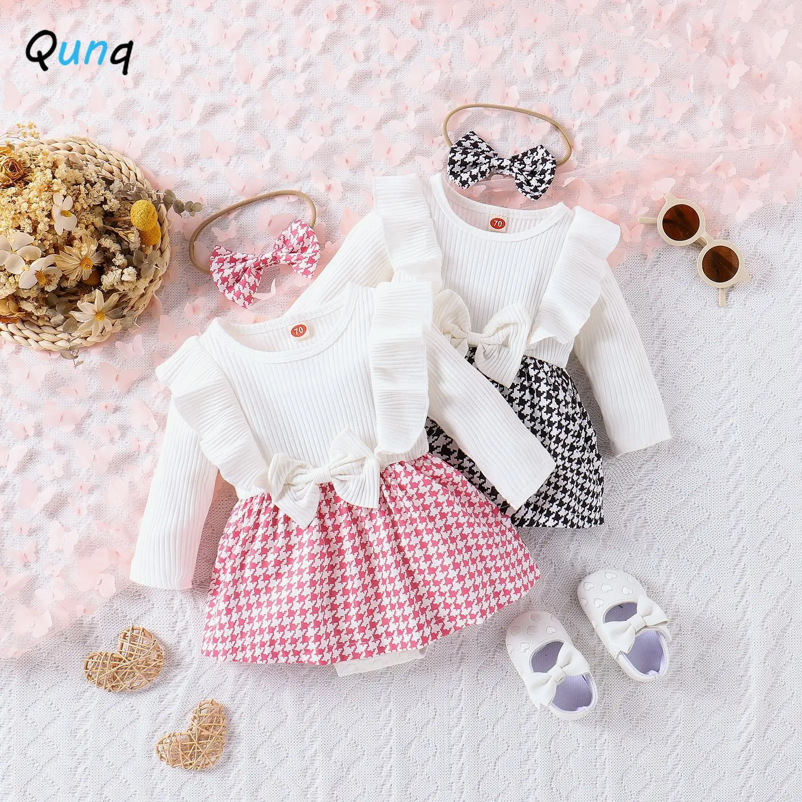 

Qunq 2023 Autumn Winter INS New Baby Girls Ruffled Long-sleeved Plaid Bow Patchwork Rompers Dress Casual Kids Clothes Age 1T-3T