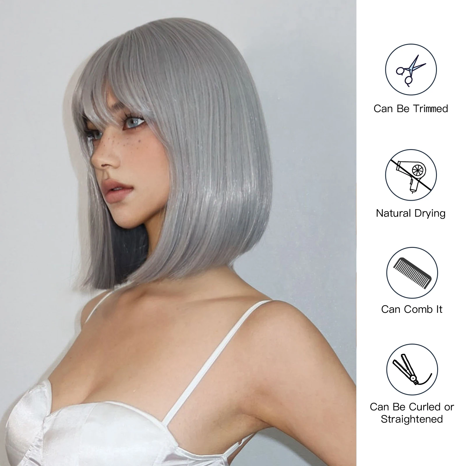 LOUIS FERRE-Perucas sintéticas cinza prateado para mulheres, cabelo curto e reto com franja, cosplay diário, cabelo de fibra para meninas