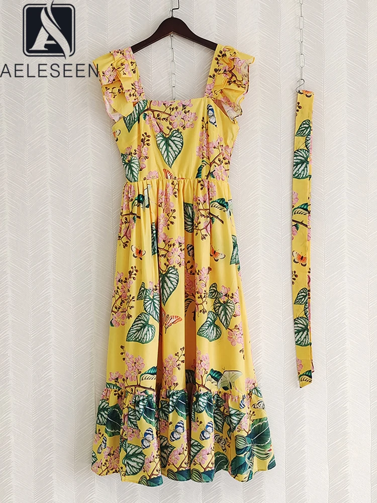 AELESEEN Runway Fashion Women Dress Spaghetti Strap Square Callor Ruffles Peach Flower Print Yellow Long Beach Vacation Holiday