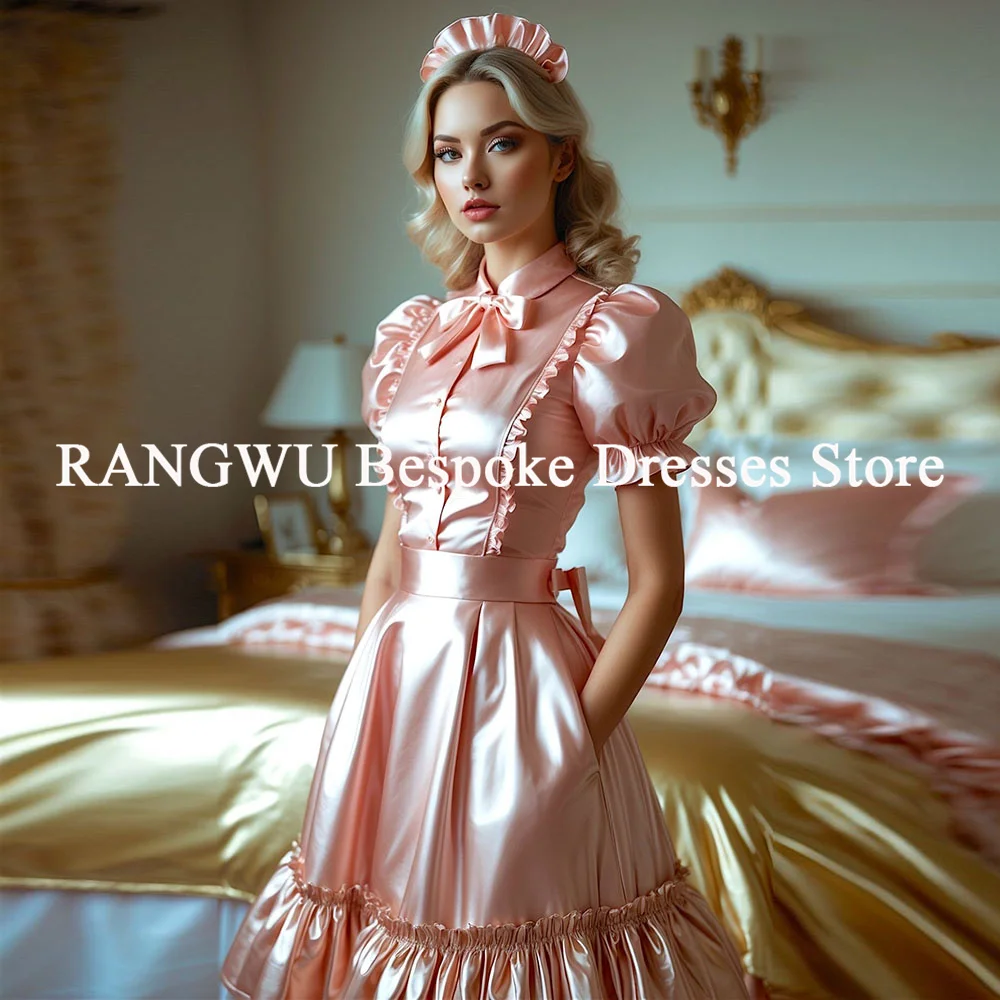 

Французское розовое платье горничной для косплея, 2025 г., блестящие платья трапециевидной формы из ПВХ в стиле Лолиты, платья для выпускного вечера с коротким рукавом в викторианском стиле аниме, вечерние по индивидуальному заказу