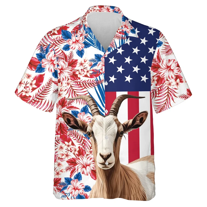 Goat Hawaiian 3D Printed Beach Shirts Funny Flower Goats Graphic Shirt For Men Clothes Animal Sheep Aloha Short Sleeve Blouses