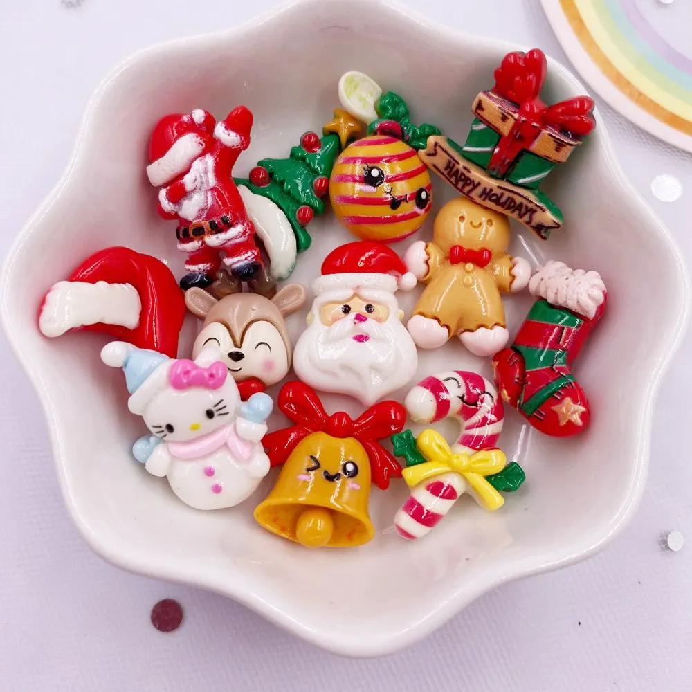 12PCS Resin Kawaii Colorful Mini Santa Trees Elk Snowman Bells Flatback Cartoon Christmas Figurine Scrapbook DIY Decor Crafts