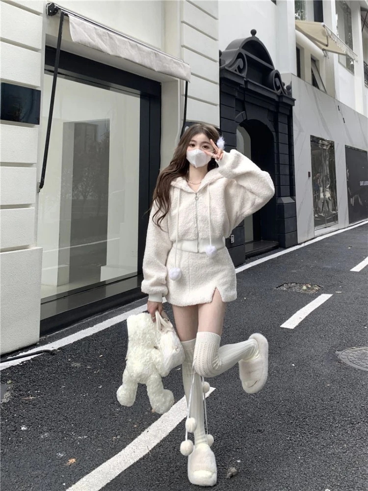 2023 Autumn Pure Color Sweet 2 Piece Skirt Set Women Outwear Casual Hooded Coat + Slim Elegant Mini Skirt Korean Fashion Chic