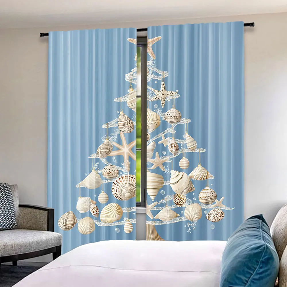 

2Pcs Christmas Curtain Nautical Elements Sea Life Theme With Noel Tree Winter Season Suitable For Living Room Bedroom Kitchen