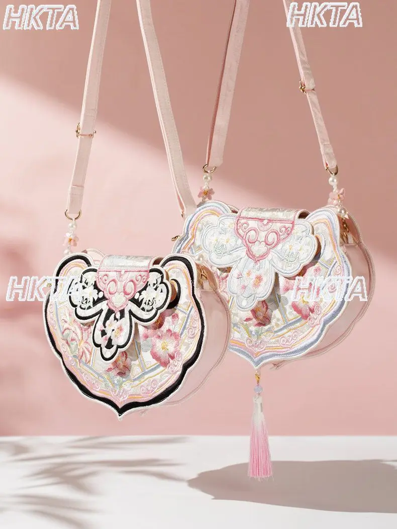 

Chinese Style Elegant Classical Flower Embroidery Pearl Fringed Hanfu Bags Sweet Cute Lolita Zipper Messenger Backpacks Women