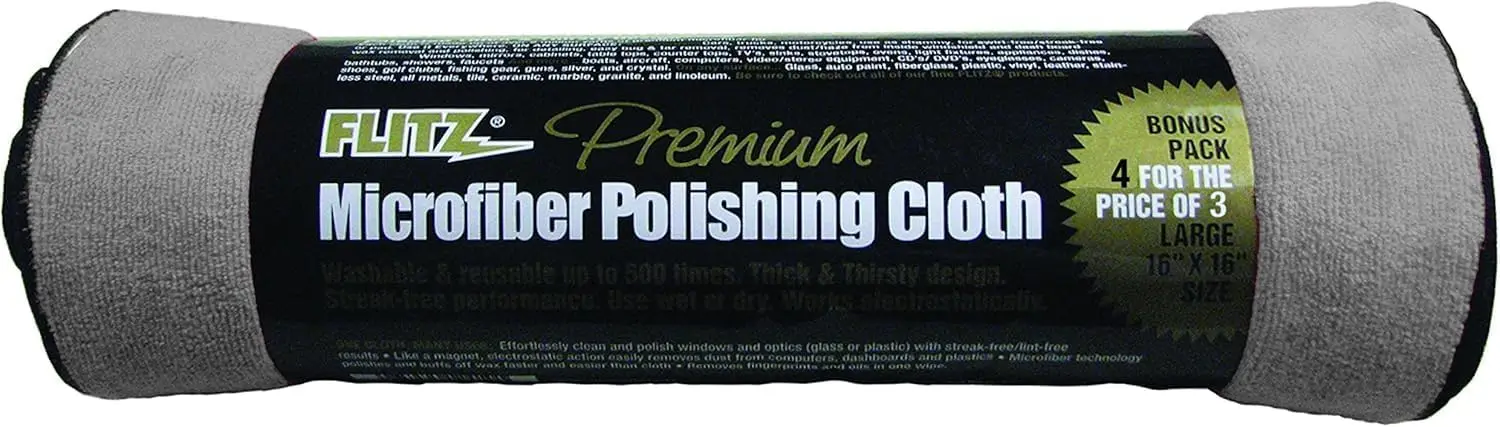 

Премиальная салфетка из микрофибры для полировки 16x16, производство США, серая, безворсовая, моющаяся, ультра-впитывающая, для автомобилей и металла (4 шт.)