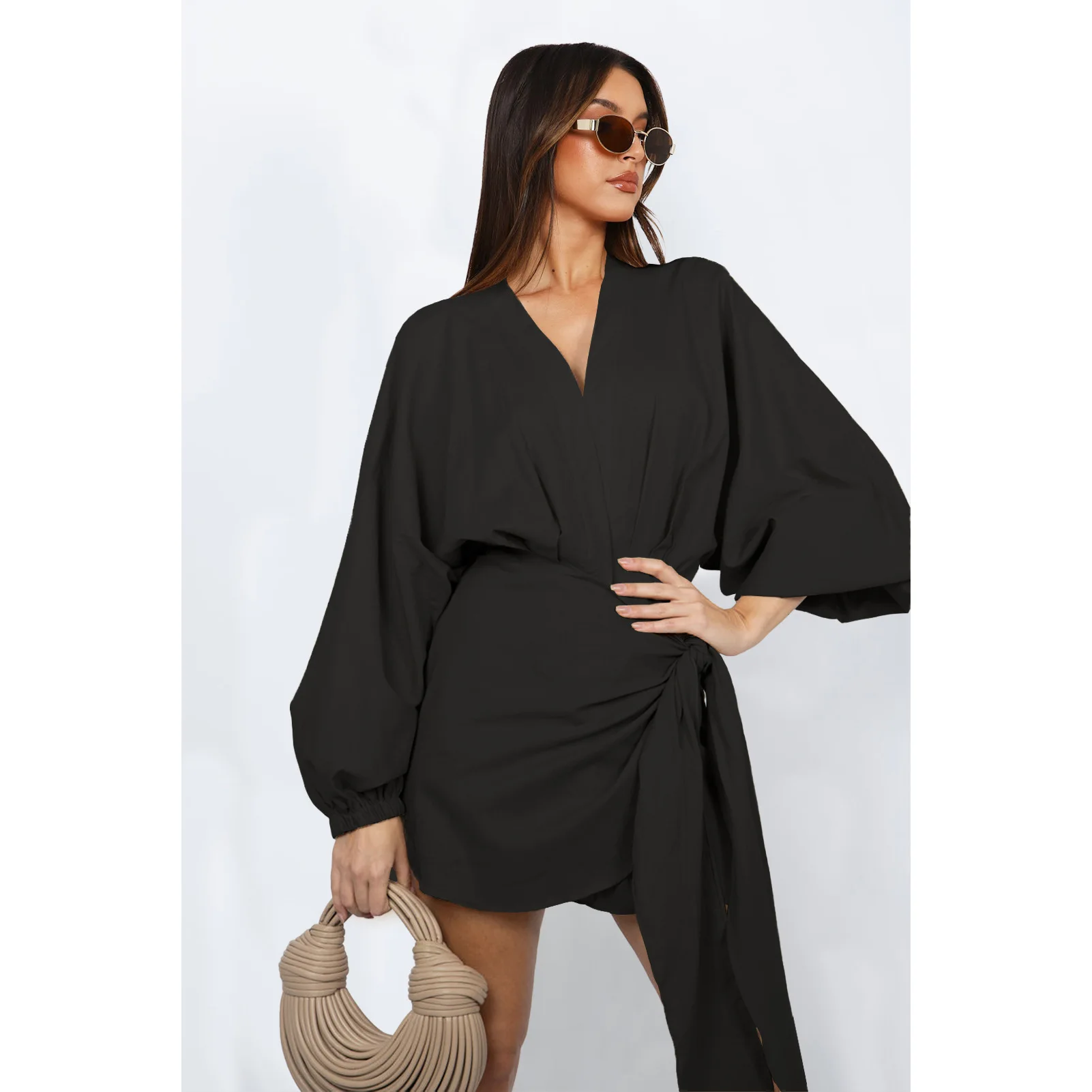 Women's Dress Linen V-neck Strap Mid Length Fashion Casual Dresses Lace-up Solid Color Long Sleeve Evening Party Dress 2025