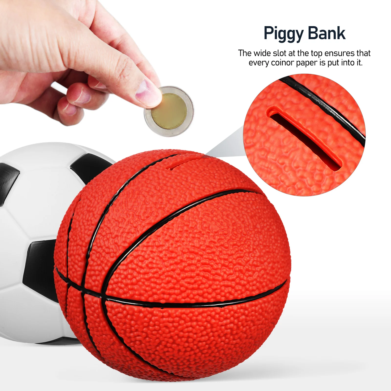 

2Pcs Creative Piggy Bank for Kids Basketball and Soccer Ball Shape Coin Banks Easy to Use Portable Size Gift for Sports Lovers