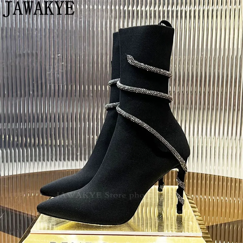 Black Knitted Thin High Heels Ankle Boots Women Slim Pointed Toe Designer Chelsea Boots Winter Runway Sexy Party Boots Woman