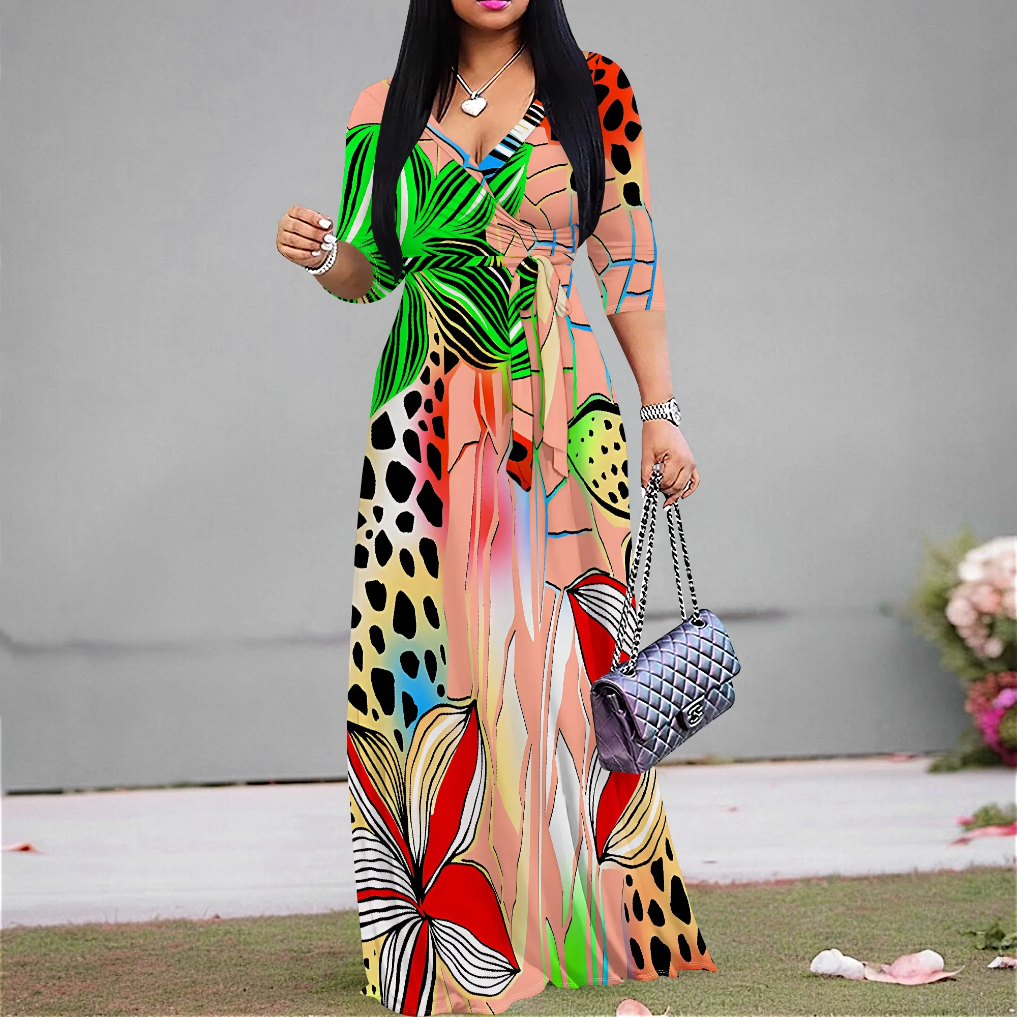 

Women's Short Sleeve Sexy V Neck Loose Boho Long Dress Fashion Printed Split Hem Club Party Casual Vacation Maxi Dress