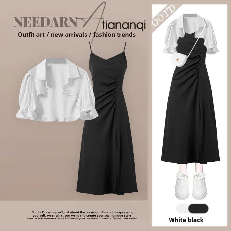 

Spring 2026 Fashionable Women's Knot Short Sleeve Shirt Top with Strap Dress Elegant Classy Set Casual Chic Style