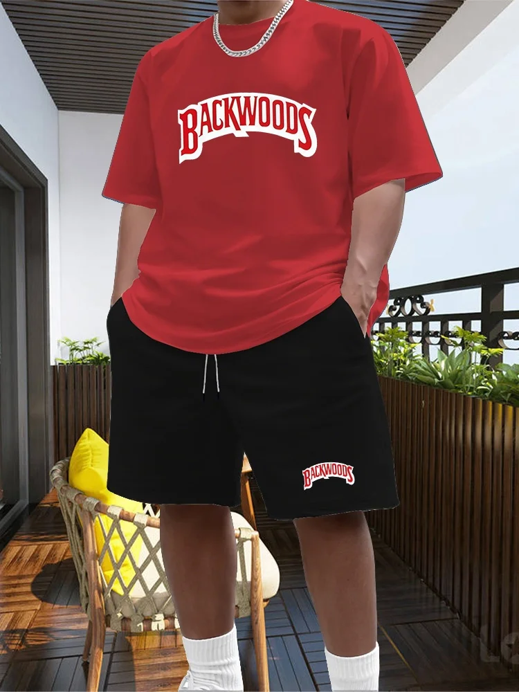 

T-shirt set, men's fashion copy, red short sleeved set, black brand shorts, casual jogging clothes, sportswear