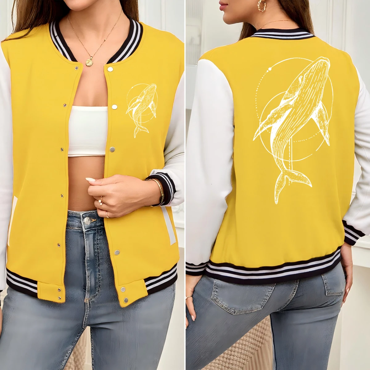 

Ocean Shark Creative Design Print Women Baseball Uniform Colorful Pocket Clothes All-Match Loose Jacket Soft Autumn Sportswear