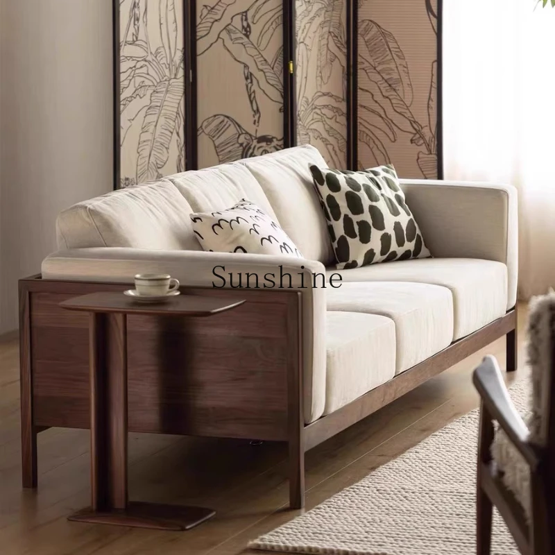 

North American black walnut solid wood sofa living room small apartment fabric simple furniture