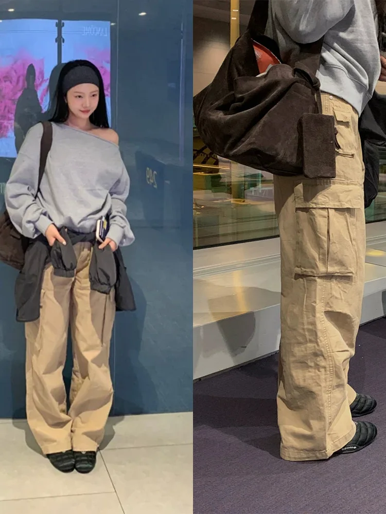 

Весна 2026: Женские повседневные брюки с высокой талией, прямым кроем, большими карманами, в стиле ретро-рабочей одежды, премиум-класса, из корейского хлопка.