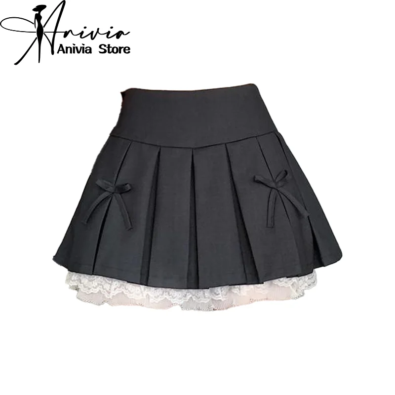 Mini jupe plissée à bord en dentelle épissée pour femme, jolie mini jupe, ligne A, design nœud sexy, décontracté, Y2K, tout match, noir, printemps, été, nouveau, 2024