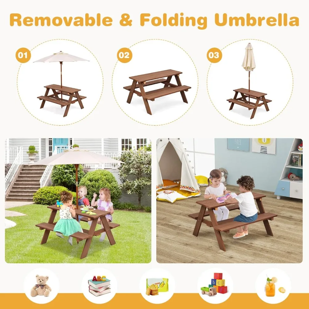 Kids Picnic Table, Outdoor Wooden Table & Bench Set w/Removable Umbrella, Children Backyard Furniture for Patio Garden.