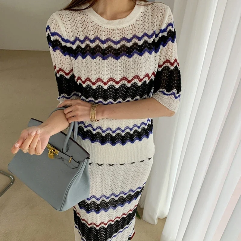 Chic Striped Dress Sets for Woman Knitting Tops + Skirts Dark Blue Summer Korean Style Elegant Business Knit 2 Piece Sets Woman