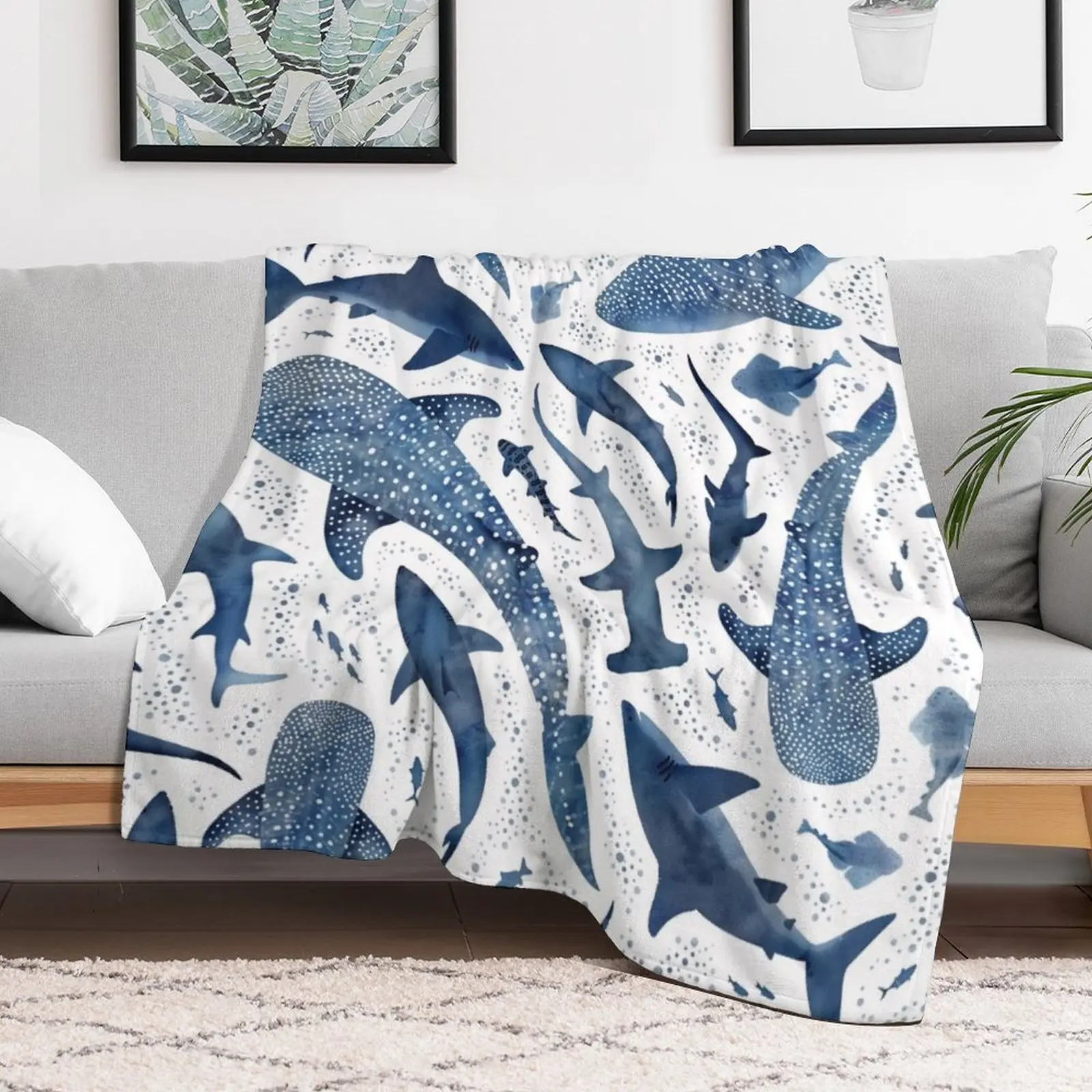 Monochrome blue watercolour shark ocean on white Throw Blanket