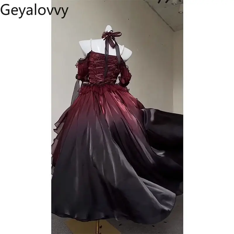 الأسود والأحمر التغيير التدريجي الحلو عالية الخصر فستان الزفاف لوليتا كلمة واحدة طوق الرقبة القوس رقيق فساتين حفلات الأميرة