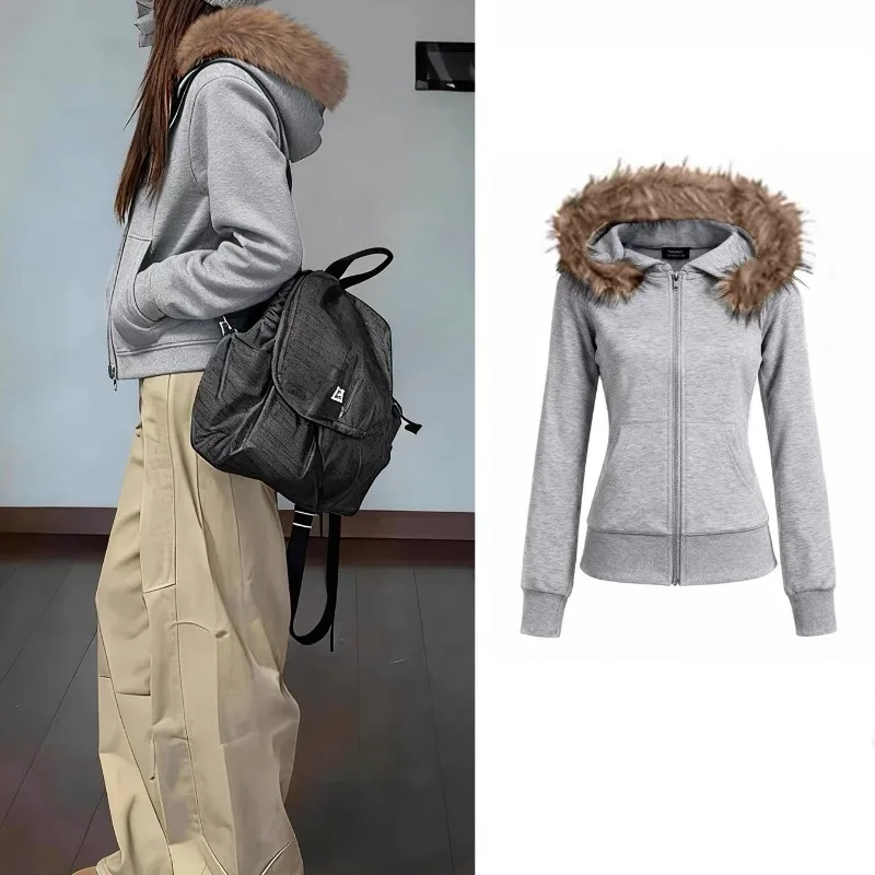 Harajuku Women's Hoodie Sweatshirts Sexy Slim Removable Fur Collar Cardigan Streetwear New American Female Solid Sudaderas Y2K