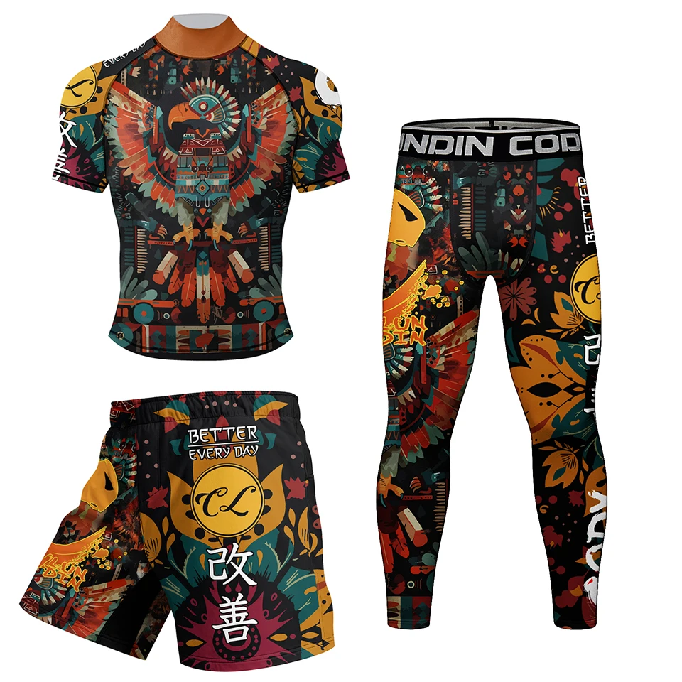 New Bjj Jiu Jitsu Rashguard MMA T-shirt+Pant Suit For Men Rubber Waist Kickboxing Grappling Boxing Jerseys Rash Guard Sportsuits