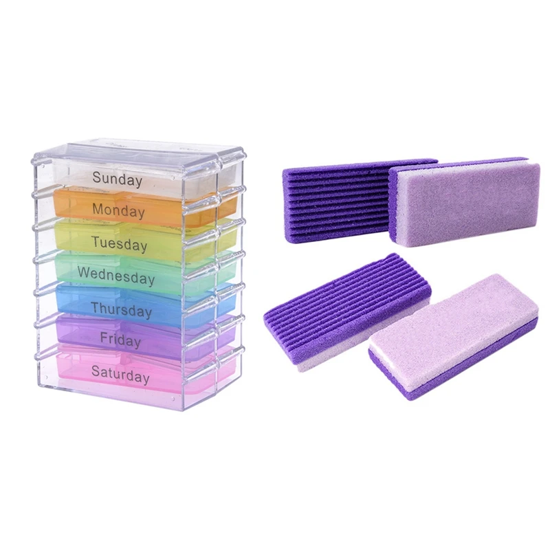 1 Set Medicine Weekly Storage Pill Sorter Box & 4 Pcs Foot Pumice Sponge Stone Pedicure