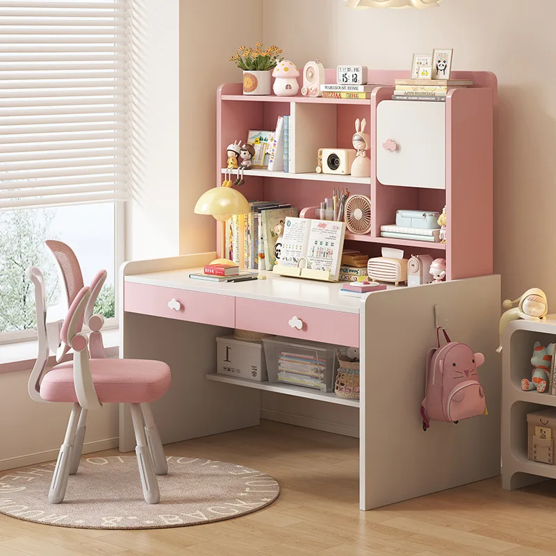 Simple desk bookshelf integrated table primary school students home study writing table girls bedroom solid wood lifting tables