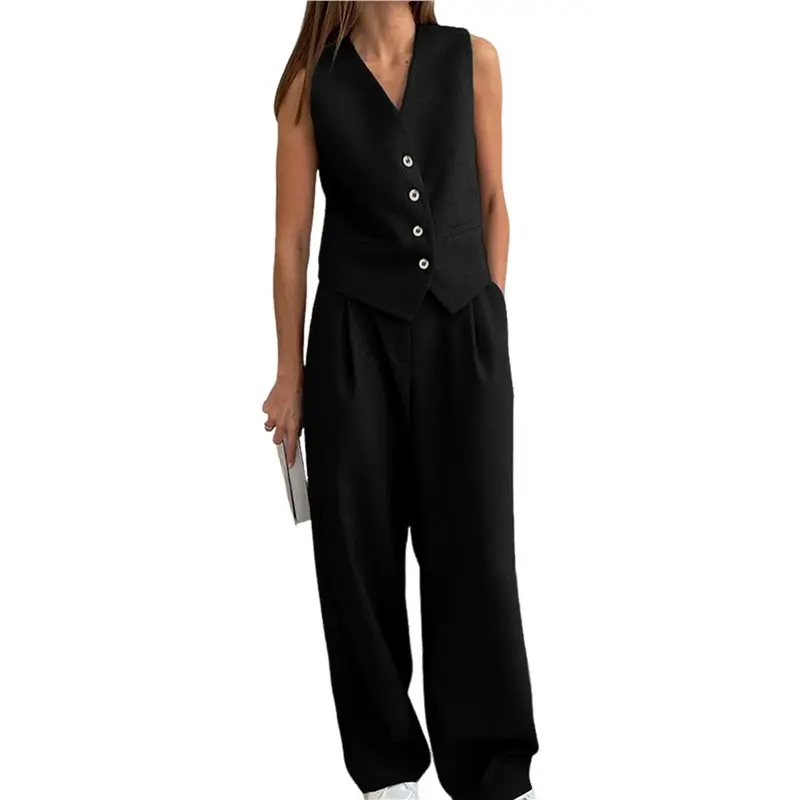 

Женский комплект из 2 предметов: брюки с V-образным вырезом, укороченный жилет, блейзер и брюки с широкими штанинами