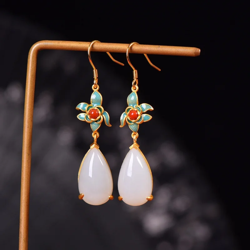 

S925 Серебряная инкрустация Хэтянь, белый нефрит с южно-красными серьгами, эмаль, женские серьги-капли