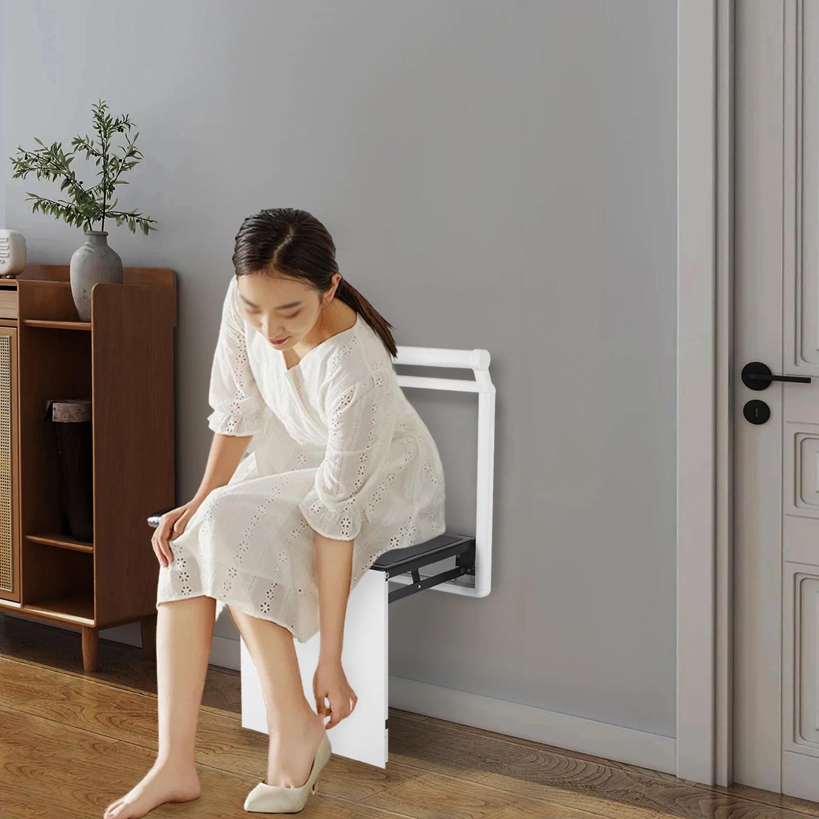 

Modern Wall-mounted Folding Shower Seat with Soft Cushion and Handrail, Ideal for Elderly, Pregnant Women, and Limited Mobility