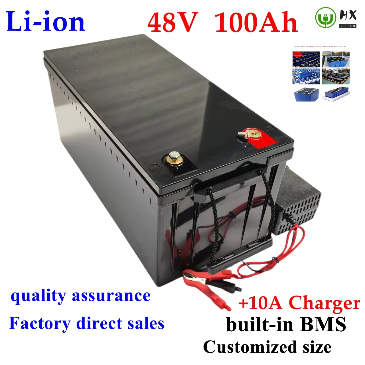 HX-Batterie lithium-ion 48V, 100Ah pour films, avec BMS,3500/5000W, Go Cart, stockage d'énergie solaire, avec charger 10A