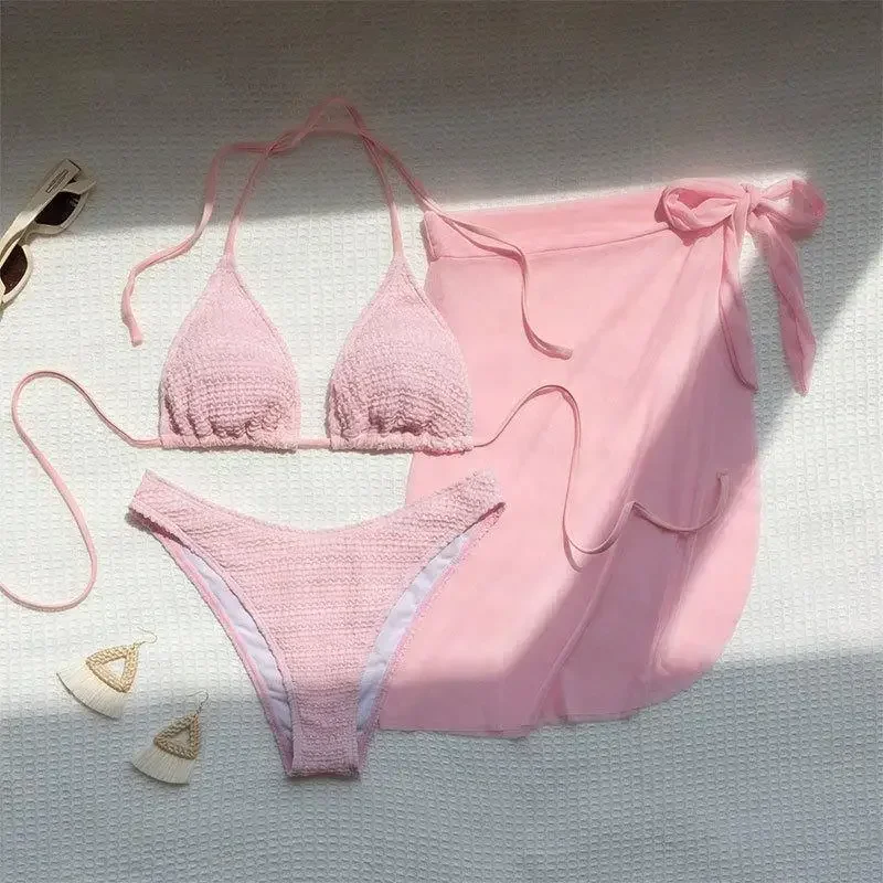 

Pink Solid Color 3-piece Swimsuit Women 2023 Summer Beach Skirt Bikini V-neck Halter Backless Bathing Suit Summer Beach Swimwear