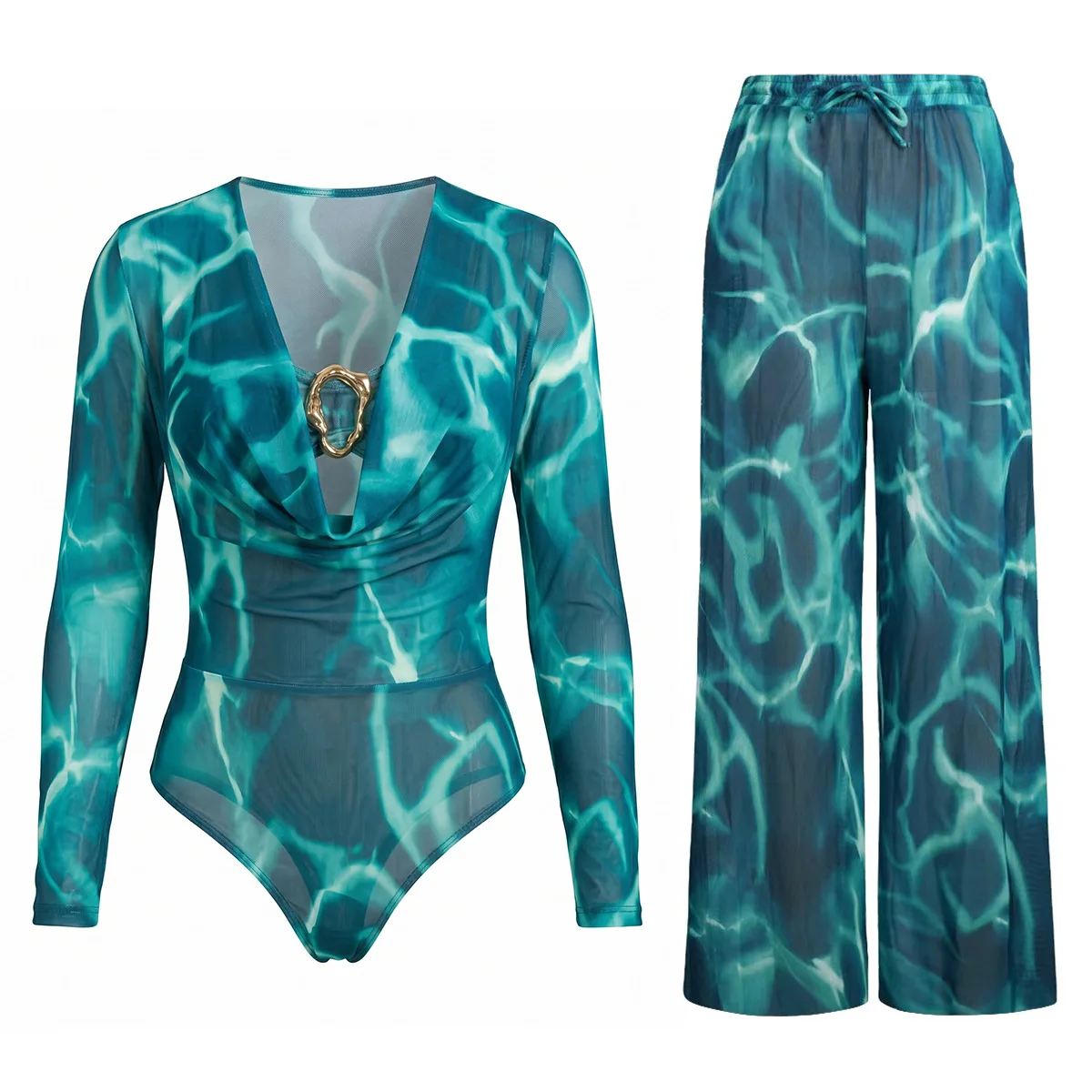 2026 New UPF50 Sheer Rash Guard V-neck One-Piece Swimsuit With Pants Women Plus Size Sun Protection Swimwear Bodysuit Beachwear