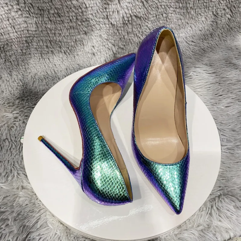 Veowalk Shiny Blue Snakeskin Pattern Women Sexy Pointed Toe Slip On Stiletto Pumps Sparkly Party Night Club High Heel Shoes