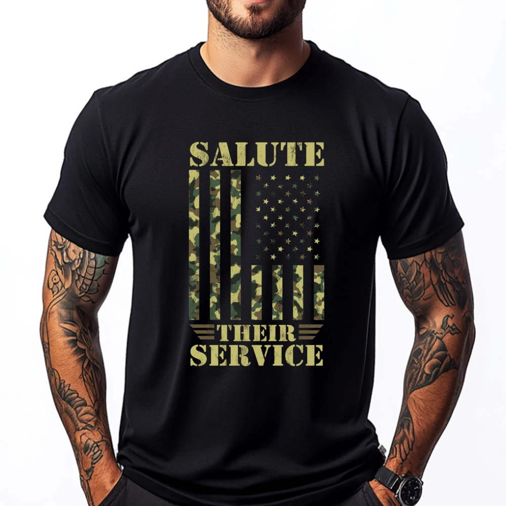 

Salute Their Service Us Military Camo Flag White Graphic Tee Men's Cotton T-Shirt Hip Hop