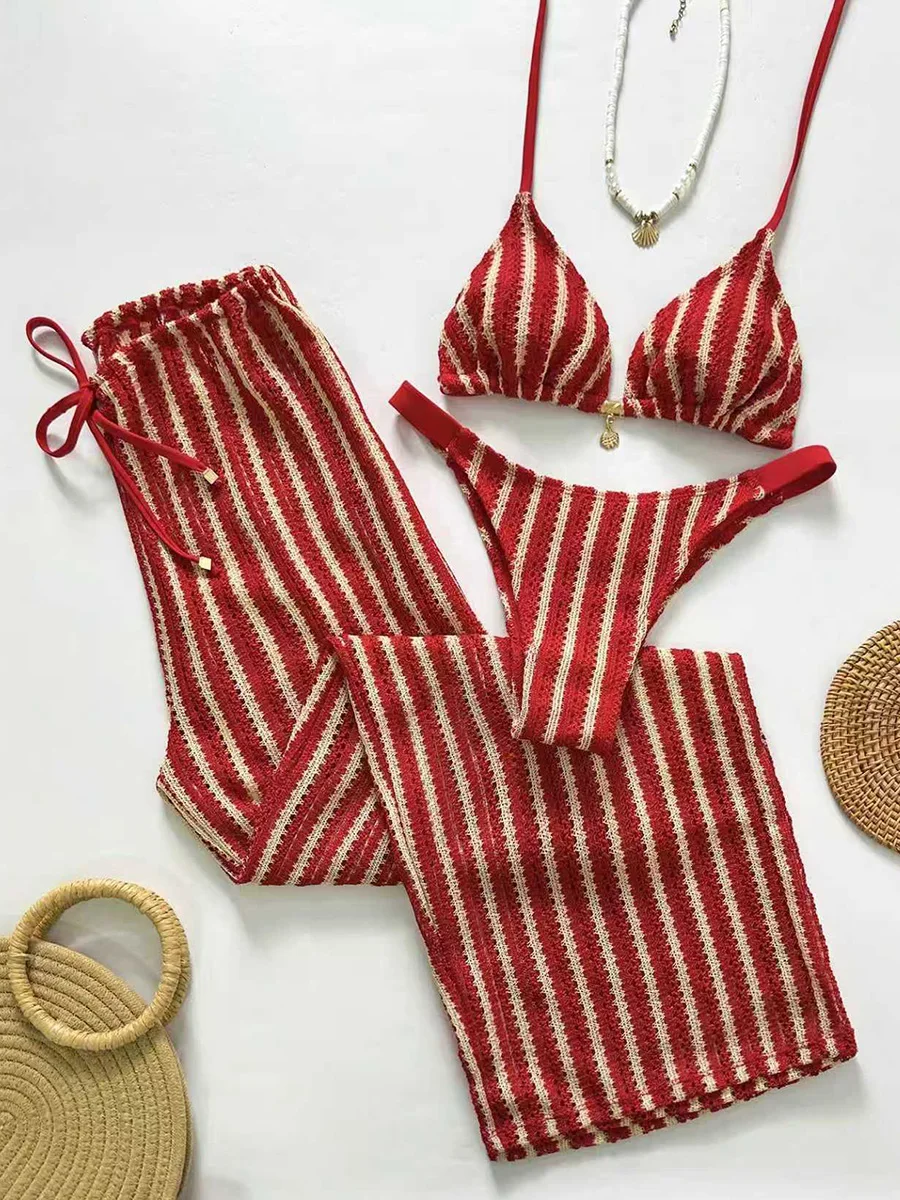 With Pants Halter Striped Bikini Women Swimsuit Female Swimwear Three-Pieces Bikini Set Brazilian Bather Bathing Suit Swim Lady